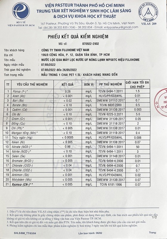 Chứng nhận nước đạt chuẩn uống trực tiếp (Viện Pasteur)