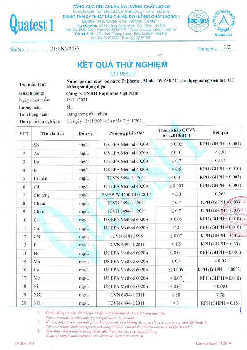 Chứng nhận chất lượng nước lọc từ máy (QUATEST)
