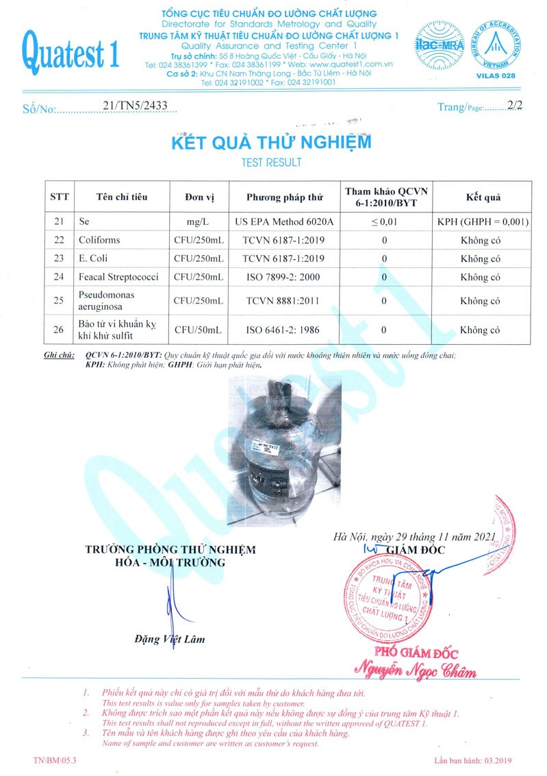Kết quả thử nghiệm chất lượng nước (QUATEST)