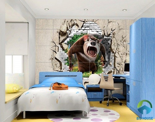 Mẫu phòng ngủ 3d sử dụng gạch ốp tường hoạt hình cho bé trai