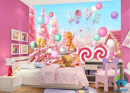 Thiết kế phòng ngủ 3d với gạch ốp tường chủ đề thế giới bánh kẹo ngọt ngào