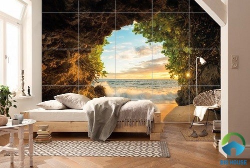 Mẫu phòng ngủ 3d yên bình với gạch ốp tường chủ đề thiên nhiên