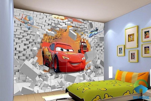 Mẫu phòng ngủ 3d với gạch ốp tường chủ đề hoạt hình Cars cho bé trai