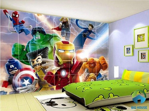 Phòng ngủ 3d ấn tượng với gạch ốp tường siêu anh hùng Marvel