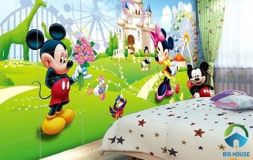 Gạch ốp tường 3d chủ đề chuột Mickey cho phòng ngủ bé gái sinh động