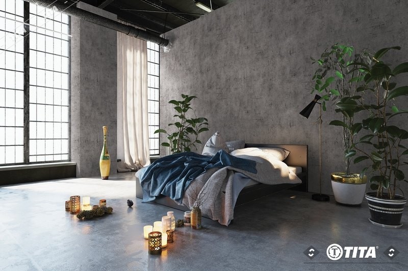Giấy dán tường giả bê tông màu xám cho phòng ngủ hiện đại tại TPHCM