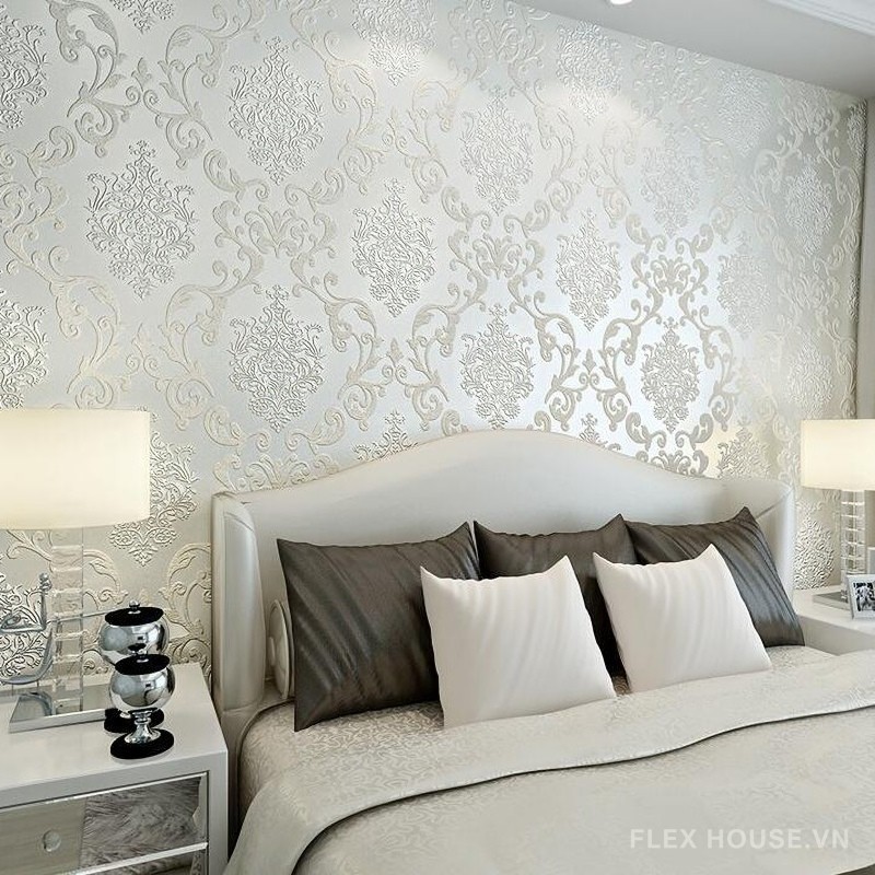 Giấy dán tường cổ điển phòng ngủ với họa tiết hoa văn sang trọng