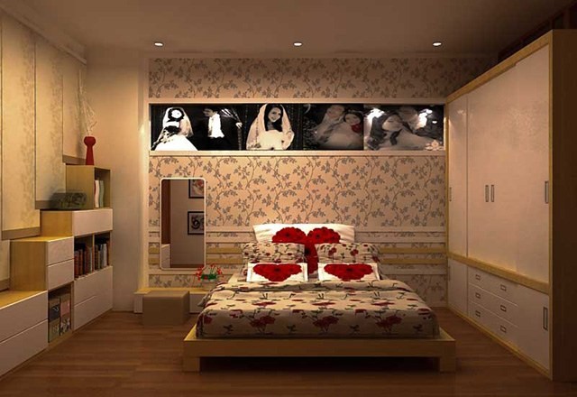 Mẫu giấy dán tường phòng ngủ vợ chồng dây hoa nổi bật trên nền đỏ