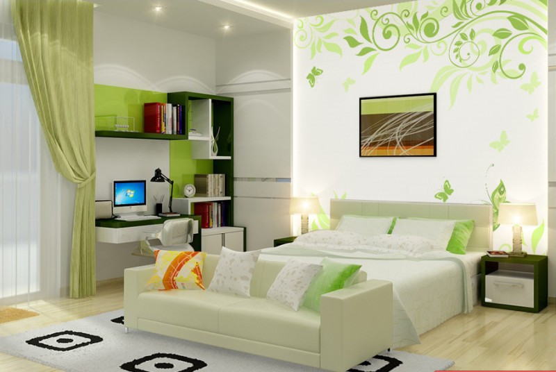 Giấy dán tường họa tiết nhẹ nhàng cho phòng ngủ đêm tân hôn kết hợp đèn trang trí