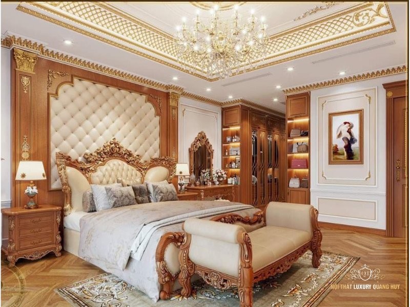 Mẫu ốp gỗ tường phòng ngủ kết hợp đệm da cao cấp ở khu vực đầu giường