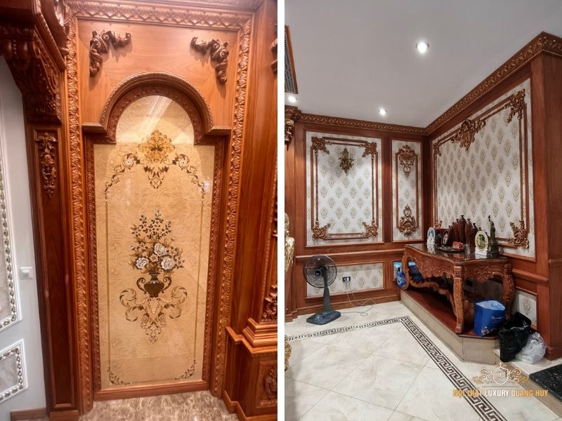 Mẫu ốp gỗ tường phòng ngủ được chạm khắc hoa văn cổ điển tinh xảo
