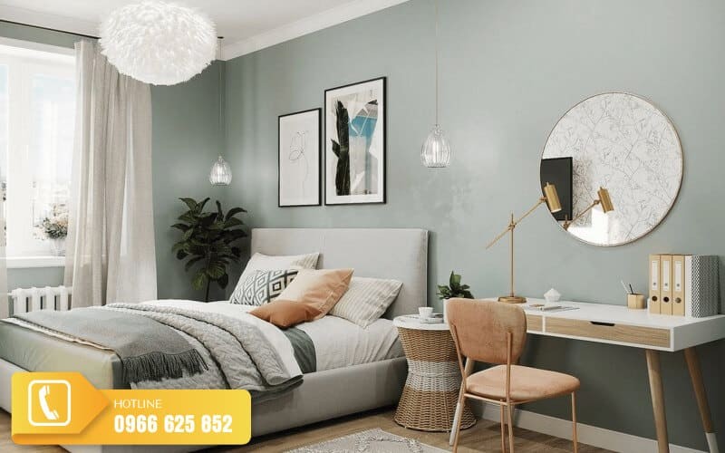 Sơn tường phòng ngủ màu xanh da trời nhạt tạo cảm giác rộng rãi