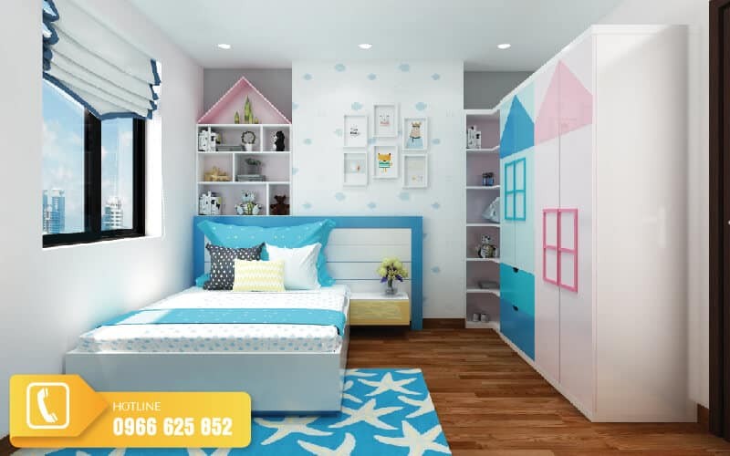 Phối cảnh phòng ngủ với chăn ga gối đệm màu xanh dương và nền trắng