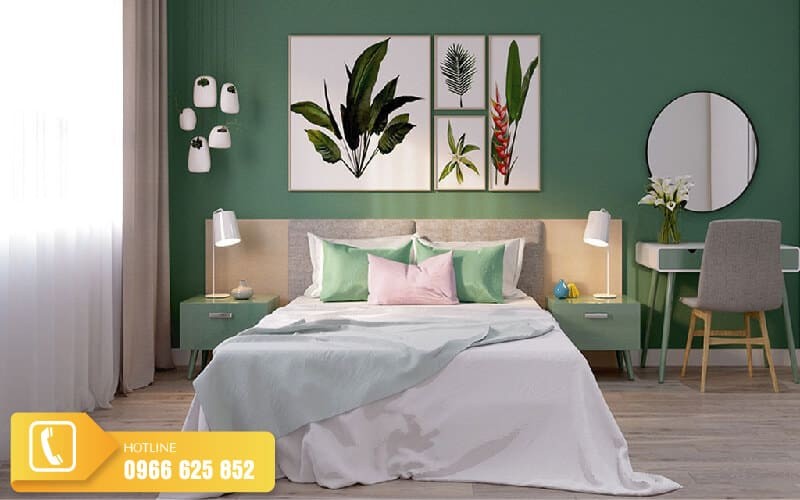 Tranh treo tường chủ đề thiên nhiên với sắc xanh chủ đạo trang trí phòng ngủ