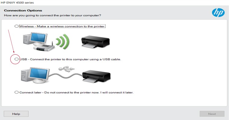Chọn phương thức kết nối máy in HP (USB hoặc Wifi)