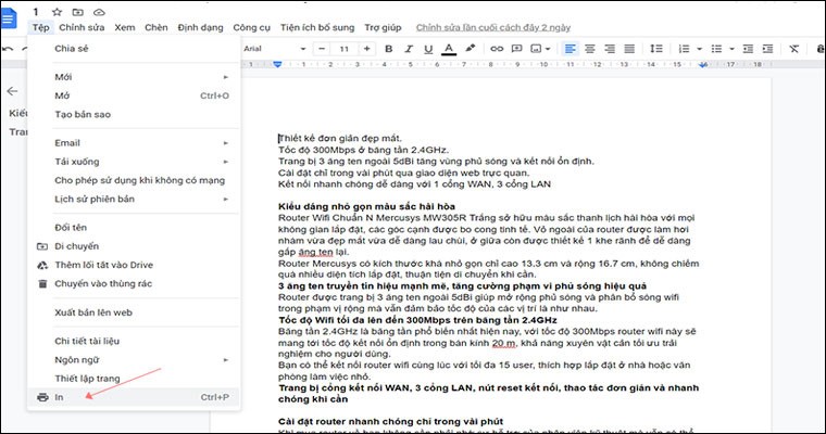 Thực hiện lệnh in trong ứng dụng văn phòng