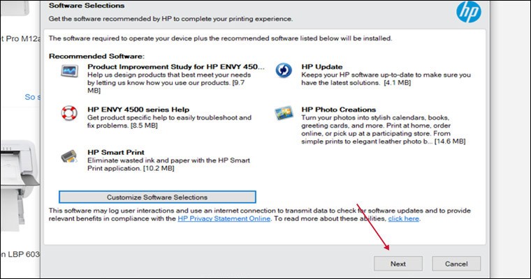 Nhấn Next để tiếp tục cài đặt máy in HP