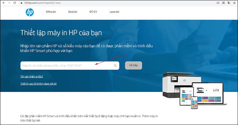Nhập tên model máy in HP vào ô tìm kiếm trên trang 123.hp.com