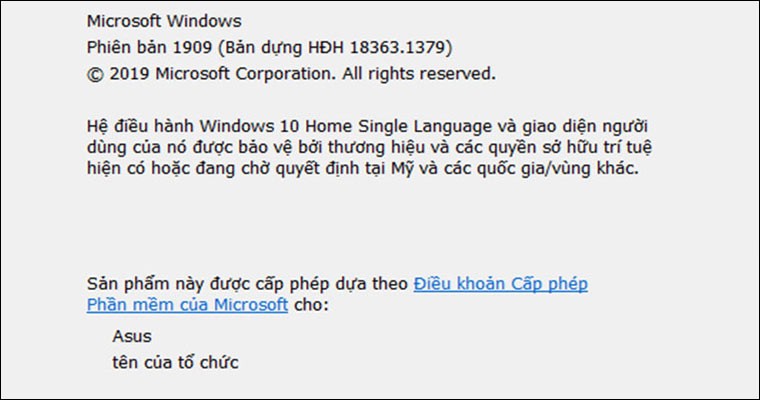 Thông tin phiên bản hệ điều hành Windows