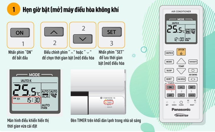 Các bước thiết lập hẹn giờ bật (ON Timer) trên remote máy lạnh Panasonic