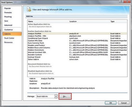 Sử dụng nút Browse để tìm và thêm file add-in In2mat vào Excel 2003