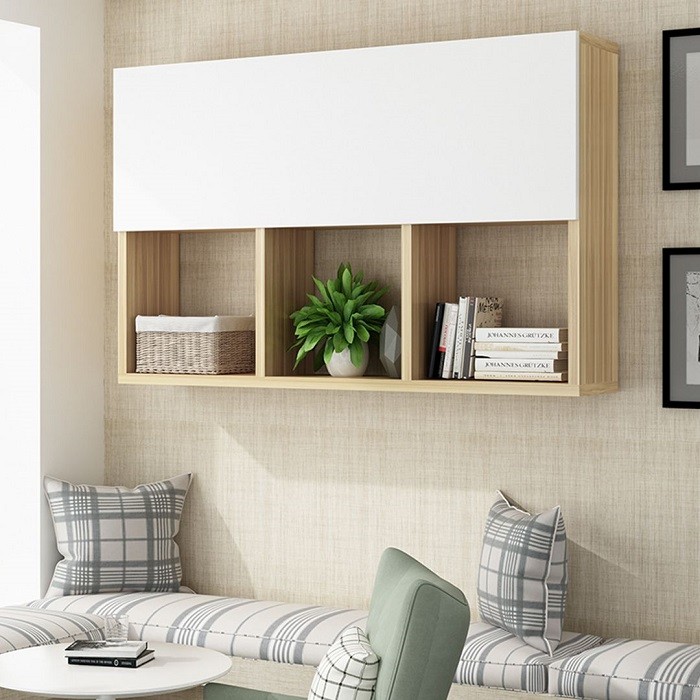 Kệ sách treo tường phòng ngủ dạng ô vuông phối thêm cánh cửa chắn