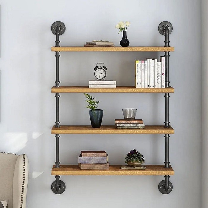 Kệ sách treo tường phòng ngủ với sự kết hợp vật liệu sắt và gỗ