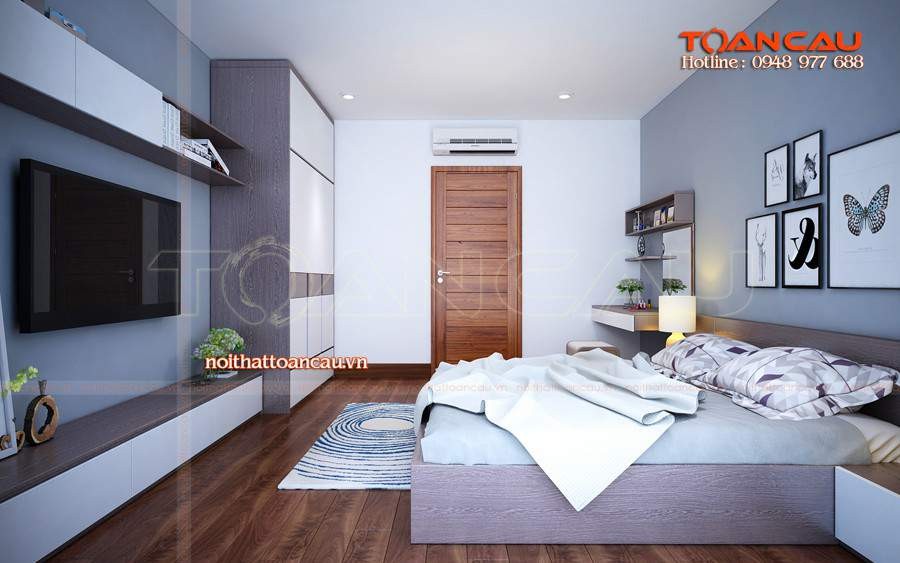 Kết hợp kệ treo tường tivi với nội thất phòng ngủ đồng bộ