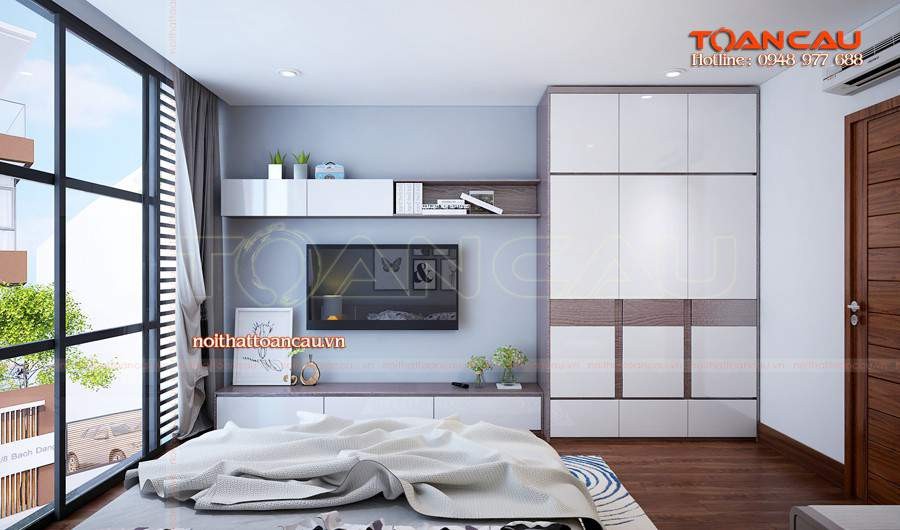 Kệ tivi treo tường bằng gỗ công nghiệp bền đẹp cho phòng ngủ