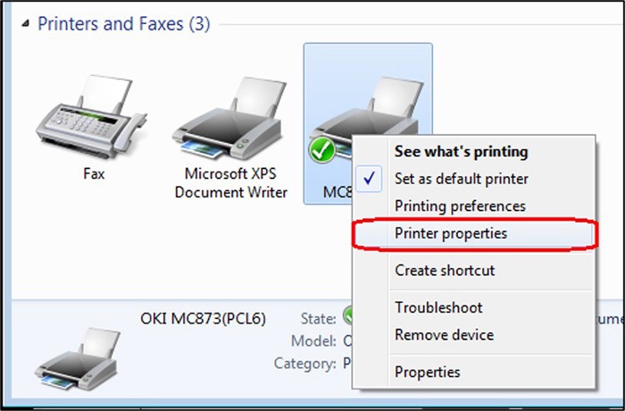 Giao diện Devices and Printers trên Windows, nhấn chuột phải vào máy in và chọn Printer properties