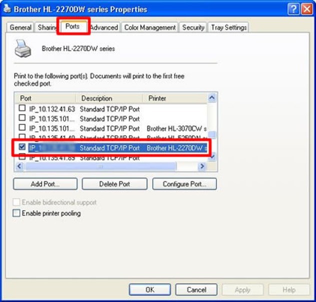 Màn hình Printer properties, tab Ports hiển thị địa chỉ IP của máy in
