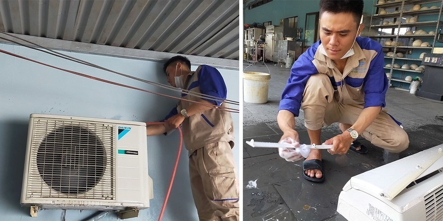 Nhân viên kỹ thuật đang tháo lắp máy lạnh tại Quận 8