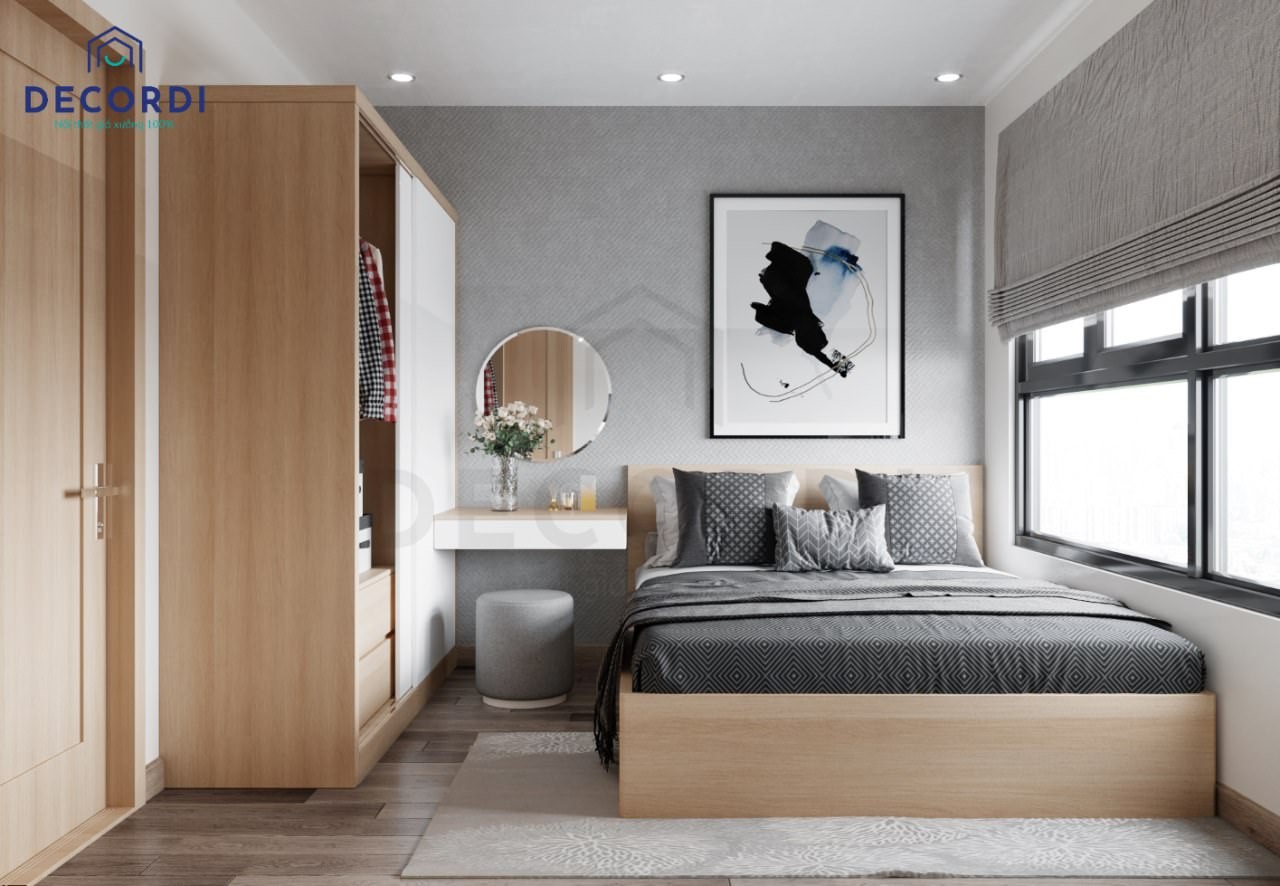 Cửa sổ lớn có rèm roman giúp tối ưu ánh sáng tự nhiên cho phòng ngủ hiện đại 10m2 của vợ chồng