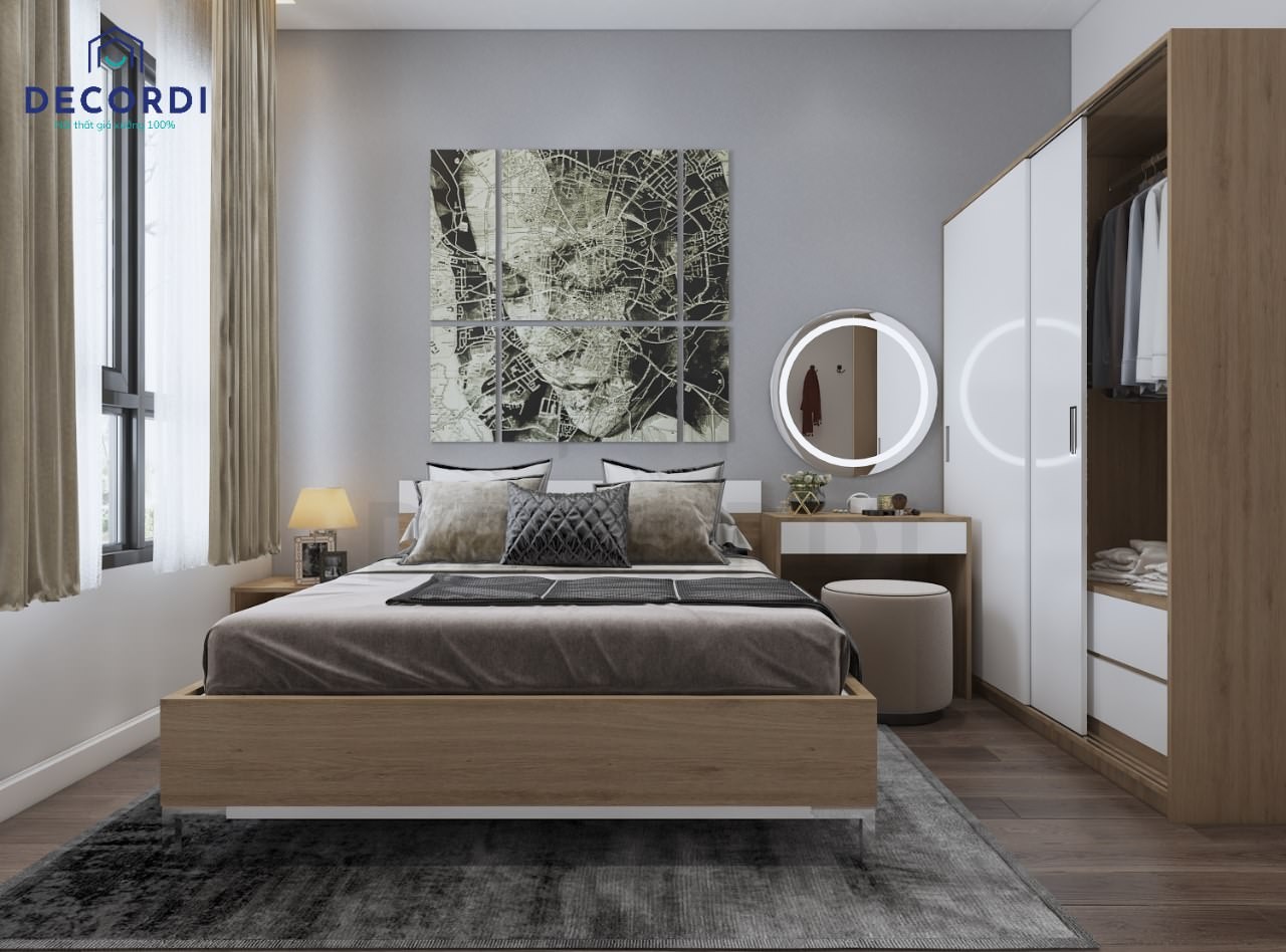 Thảm nỉ lót sàn lớn tông xám chuột được chọn cho phòng ngủ 10m2 của vợ chồng, hài hòa với màu sắc chung và tạo cảm giác ấm cúng