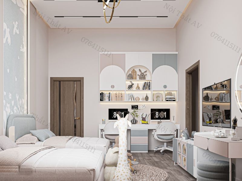 Thiết kế khu vực vui chơi chung trong phòng ngủ 10m2 cho hai bé