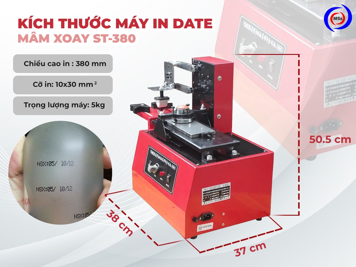 Kích thước thực tế máy in date mâm xoay 380