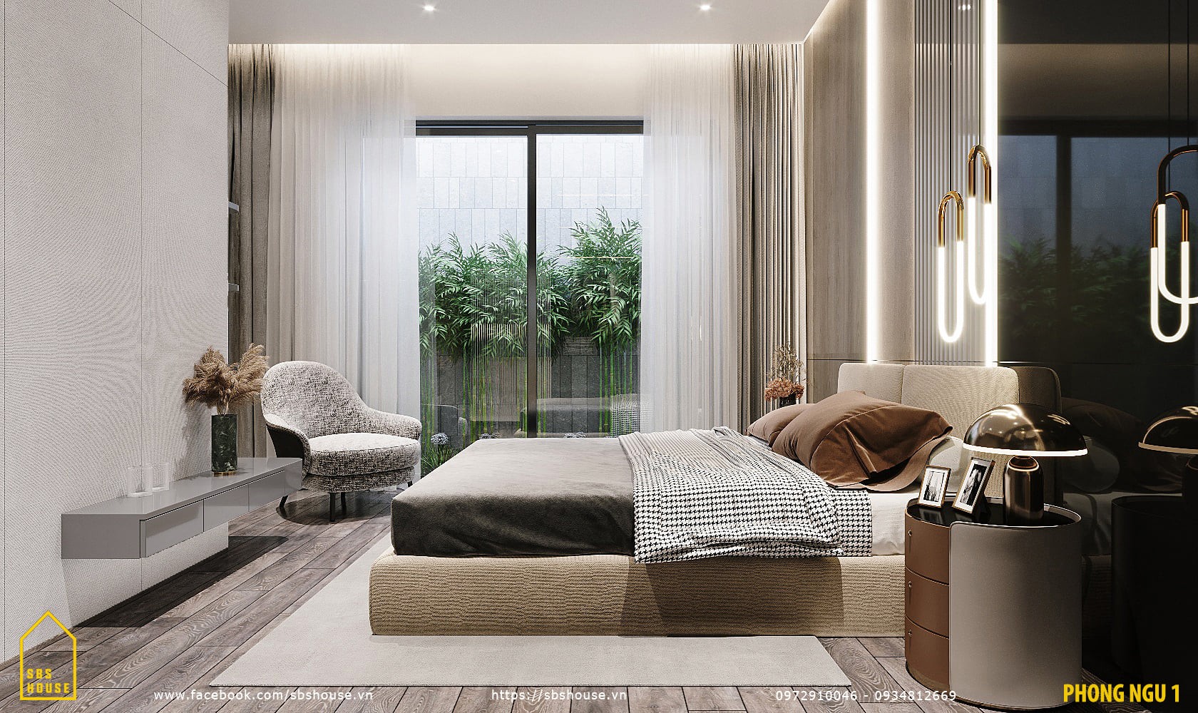 Mẫu phòng ngủ ra sân vườn với tông màu trung tính hiện đại