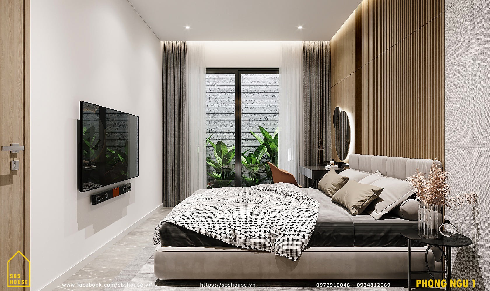 Phòng ngủ tối giản có cửa kính lớn mở ra khu vườn