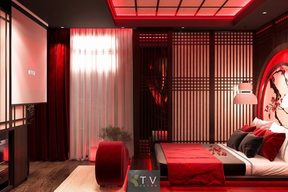Thiết kế phòng ngủ phong cách Á Đông nổi bật với vách nan gỗ, giường đỏ đen và tranh hoa đào