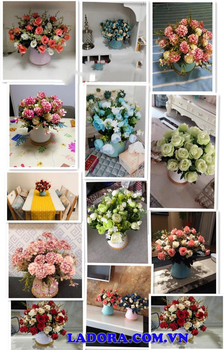 lọ hoa lụa và các đồ decor khác trên kệ tủ phòng ngủ