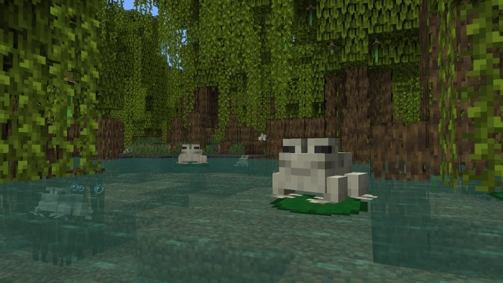Cận cảnh Mangrove Propagule treo ngược dưới lá cây ngập mặn trong Minecraft