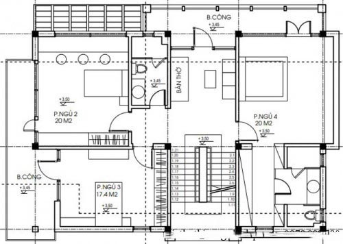 Sơ đồ bố trí công năng tầng 2 biệt thự, thể hiện vị trí các phòng ngủ và phòng thờ