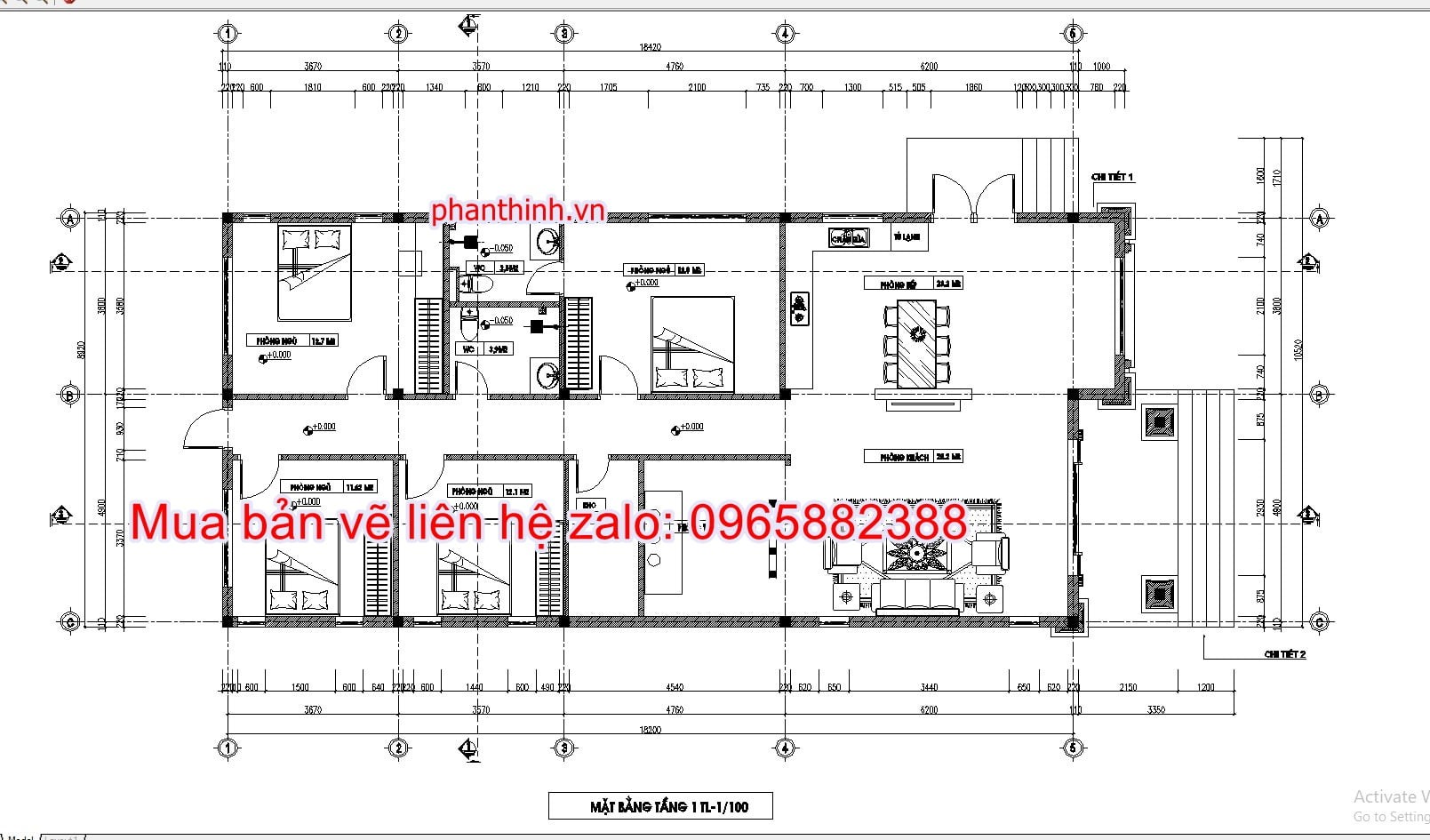 Mặt bằng tầng 1 hiển thị bố cục các phòng ngủ chi tiết trong bản vẽ CAD nhà cấp 4