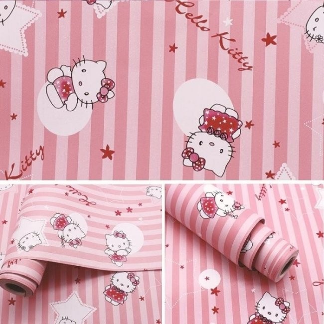 Cận cảnh họa tiết trên giấy dán tường phòng ngủ Hello Kitty