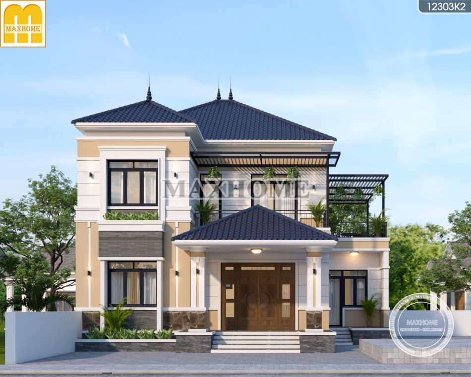 Thiết kế ngoại thất nhà mái Nhật 2 tầng ở nông thôn với gam màu trung tính