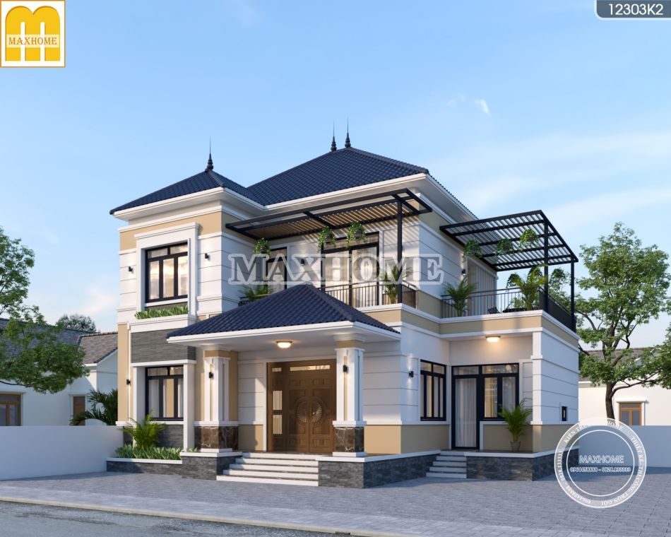 Ngoại thất nhà 2 tầng mái Nhật ở nông thôn với điểm nhấn gạch ốp trang trí