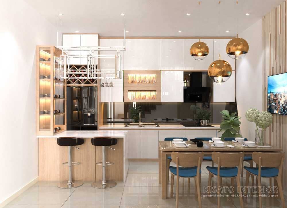 Nội thất phòng bếp hiện đại với đảo bếp trong thiết kế phòng khách bếp phòng ngủ