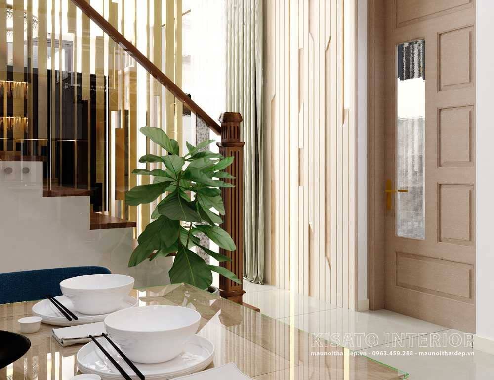 Thiết kế cầu thang hiện đại với lan can kính trong biệt thự có nội thất phòng khách bếp phòng ngủ