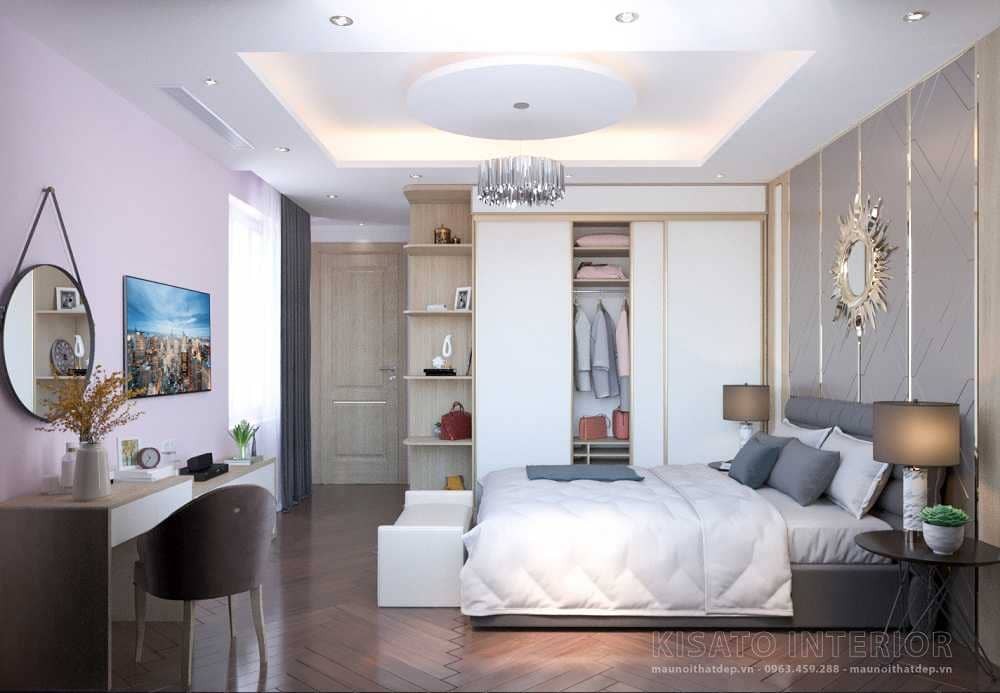 Thiết kế nội thất phòng ngủ đơn giản, thư thái trong mẫu phòng khách bếp phòng ngủ
