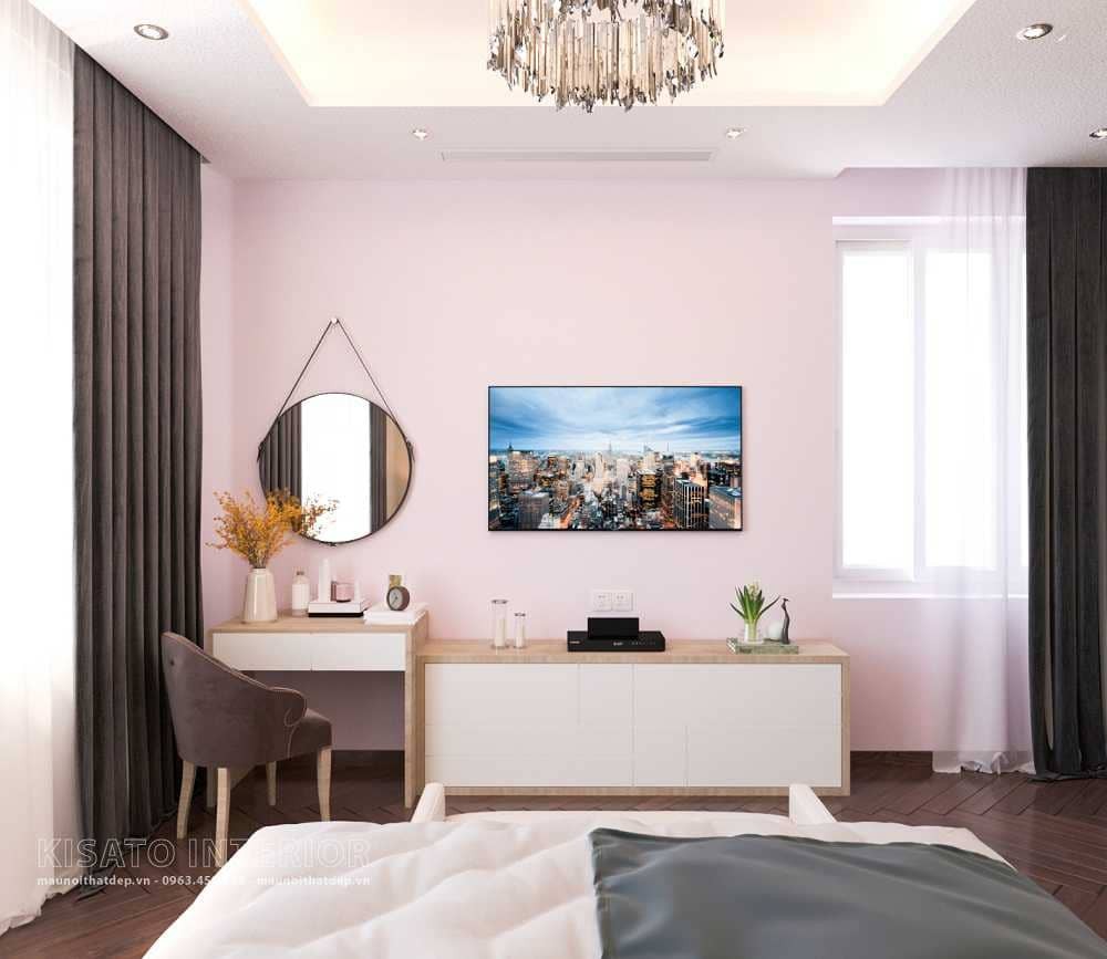 Không gian phòng ngủ tiện nghi với bàn trang điểm và tủ đồ trong thiết kế phòng khách bếp phòng ngủ